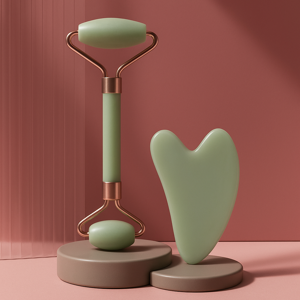 Gua Sha en Quartz Rose & Rouleau de Massage Facial Soin Liftant du Visage