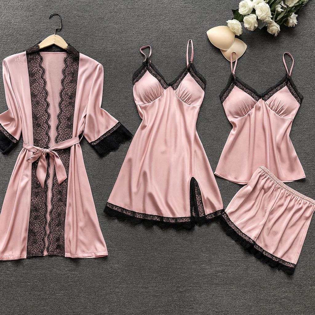 Ensemble Nuit 4 pièces Satin & Dentelle – Ton nouveau rituel du soir