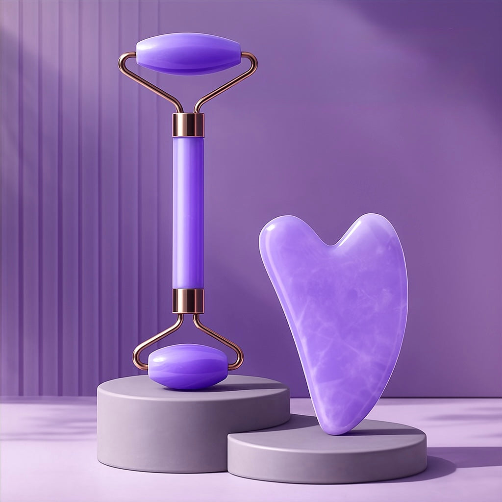 Gua Sha en Quartz Rose & Rouleau de Massage Facial Soin Liftant du Visage