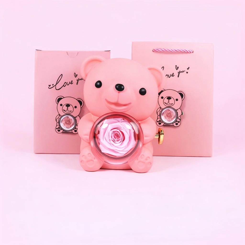 Ours en Rose Éternelle avec Collier Personnalisé