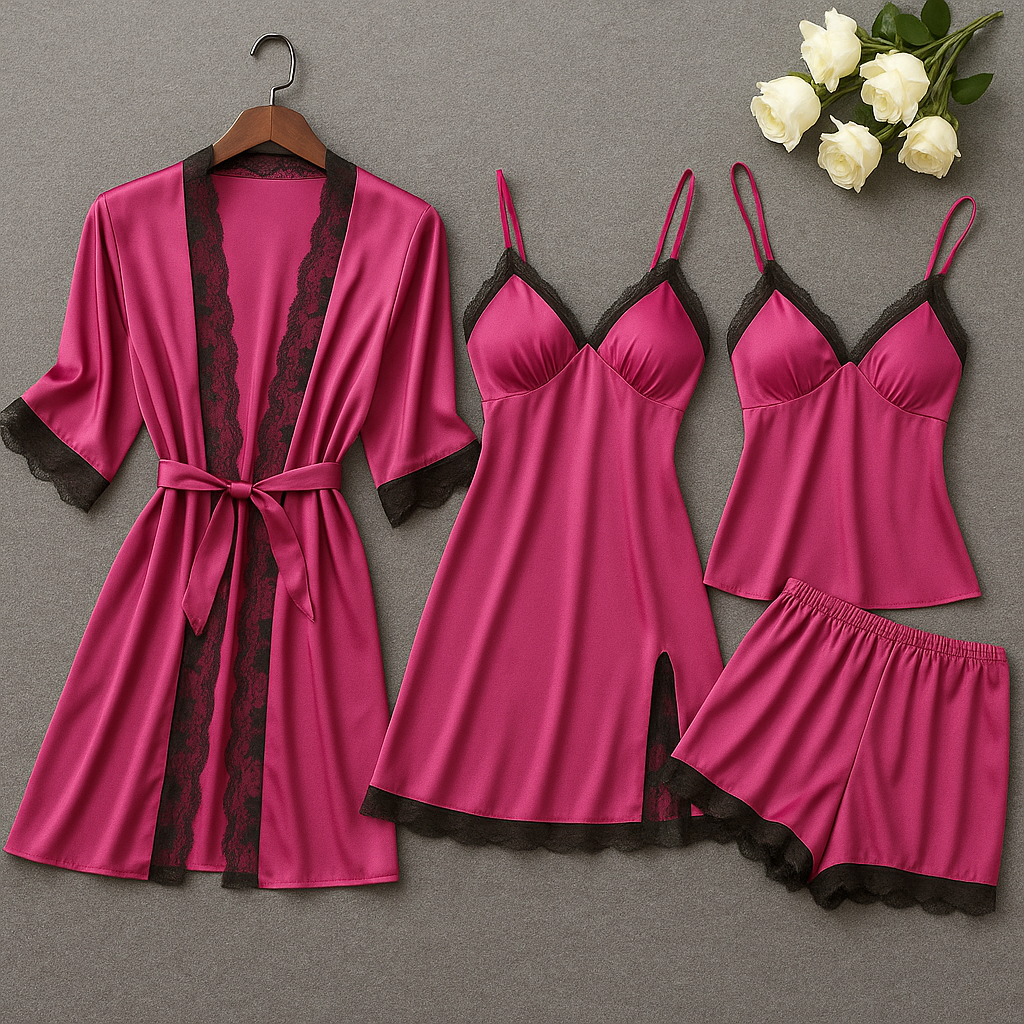 Ensemble Nuit 4 pièces Satin & Dentelle – Ton nouveau rituel du soir