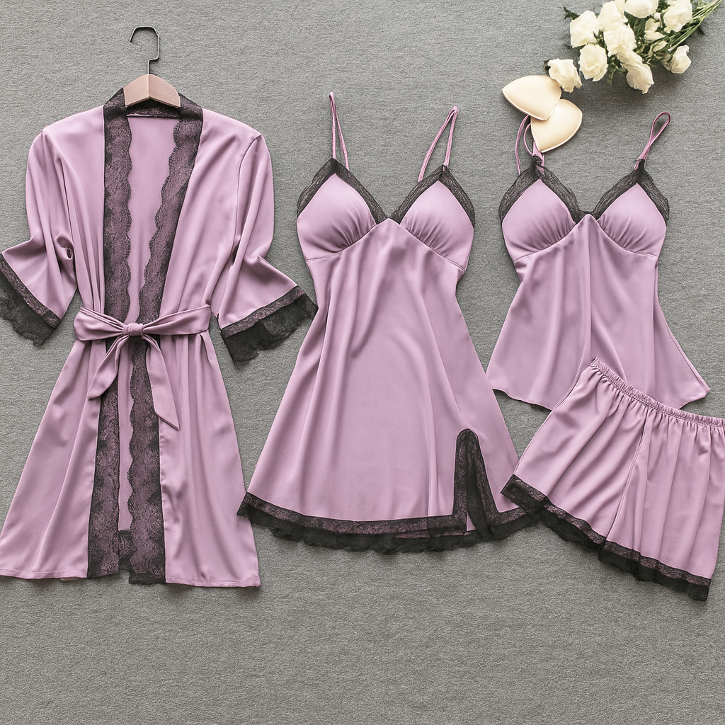 Ensemble Nuit 4 pièces Satin & Dentelle – Ton nouveau rituel du soir