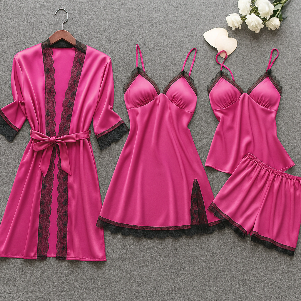 Ensemble Nuit 4 pièces Satin & Dentelle – Ton nouveau rituel du soir