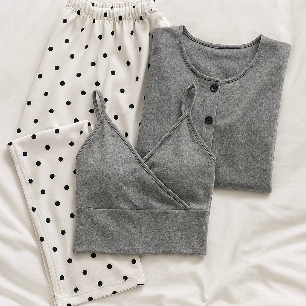 Pyjama Confort Maternité & Allaitement Ensemble 3 Pièces en Coton Doux