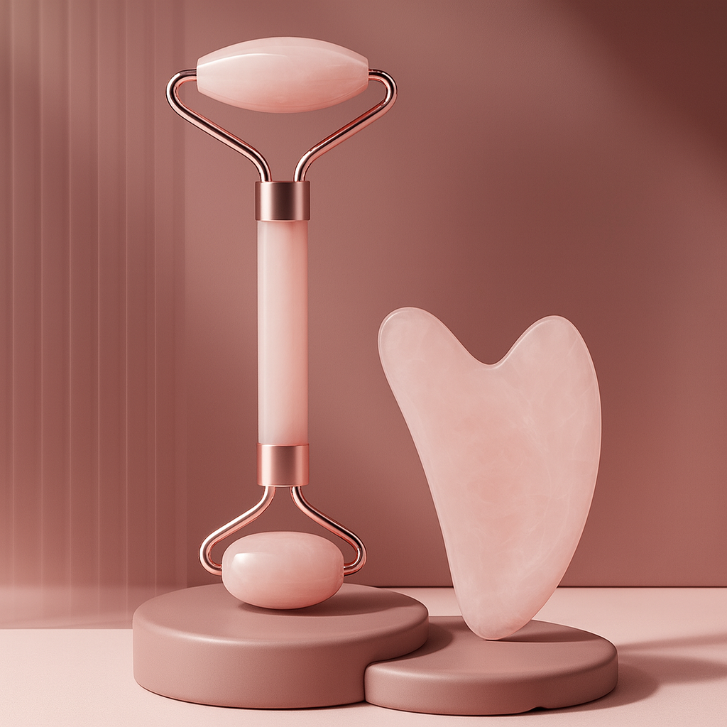 Gua Sha en Quartz Rose & Rouleau de Massage Facial Soin Liftant du Visage