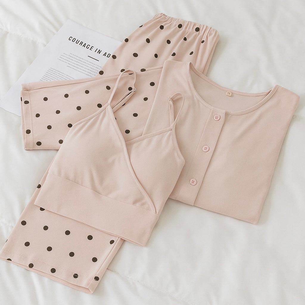 Pyjama Confort Maternité & Allaitement Ensemble 3 Pièces en Coton Doux