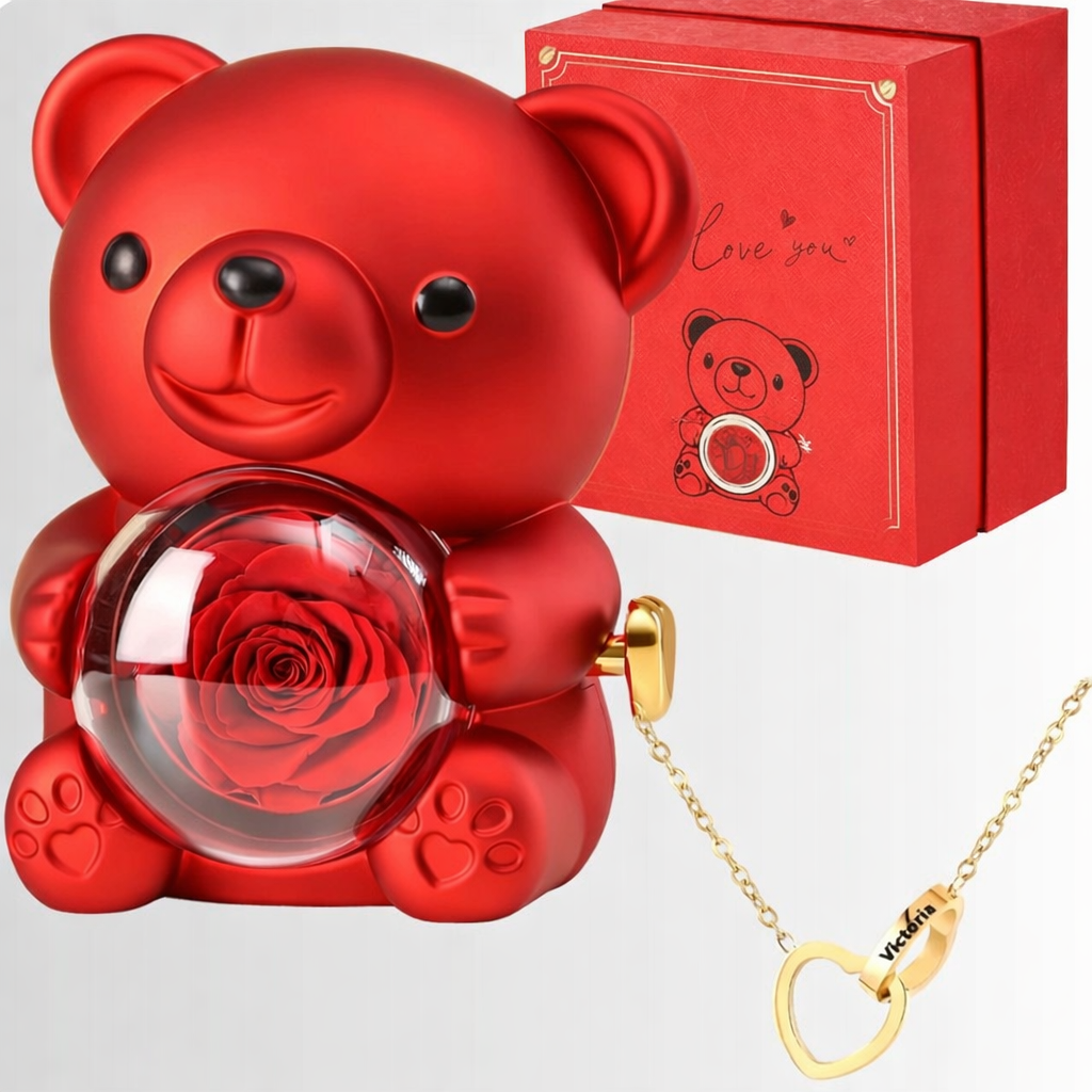 Ours en Rose Éternelle avec Collier Personnalisé