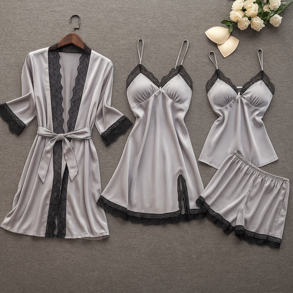 Ensemble Nuit 4 pièces Satin & Dentelle – Ton nouveau rituel du soir