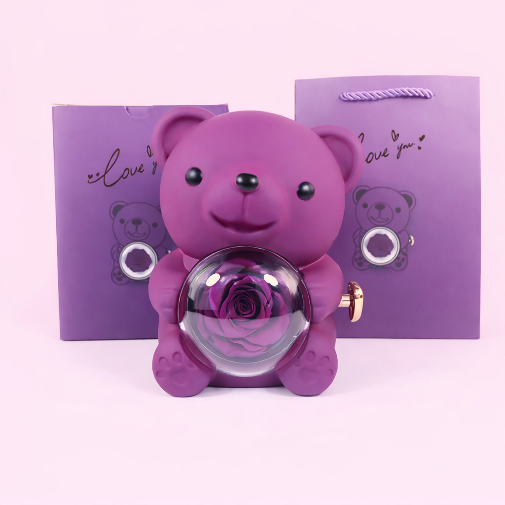 Ours en Rose Éternelle avec Collier Personnalisé