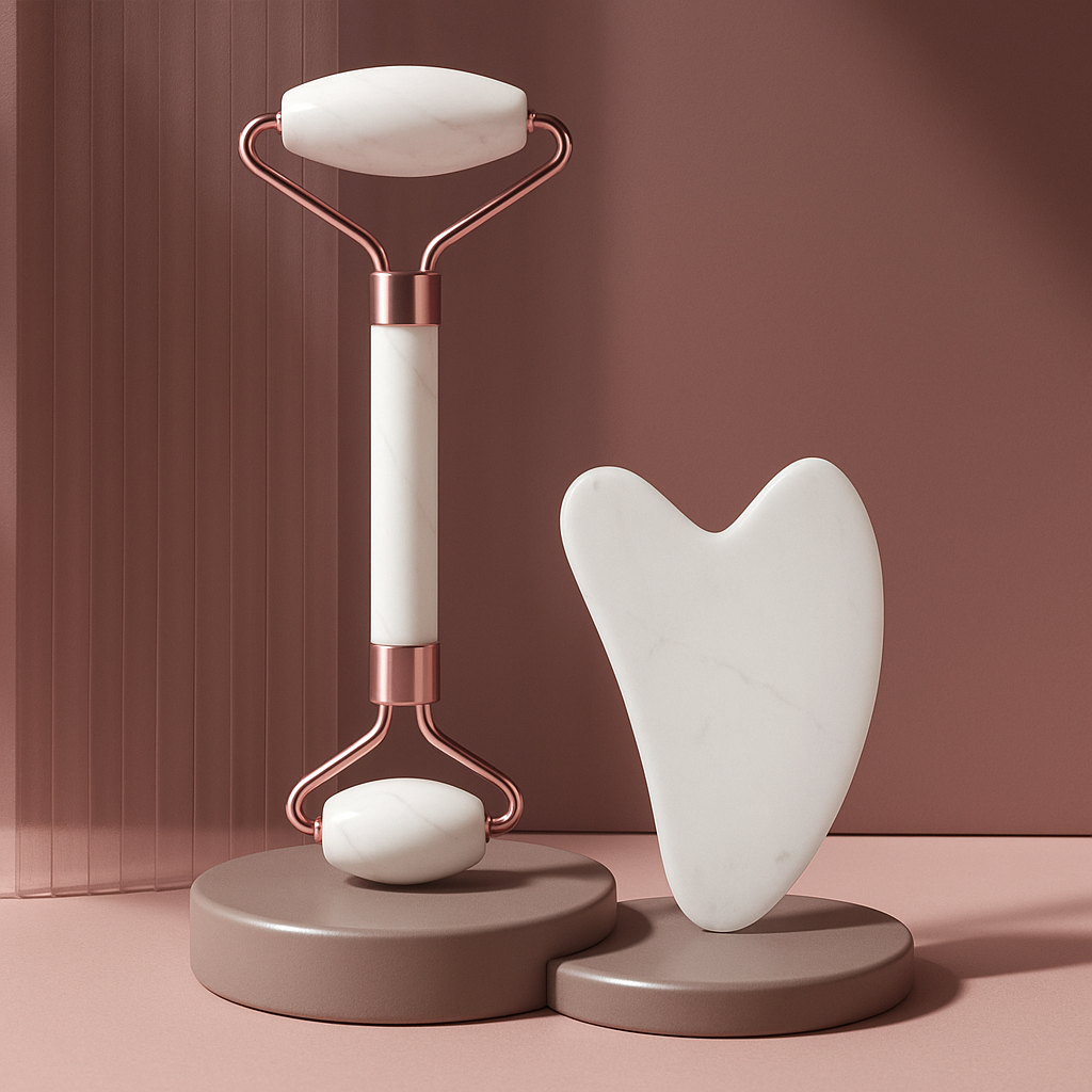 Gua Sha en Quartz Rose & Rouleau de Massage Facial Soin Liftant du Visage