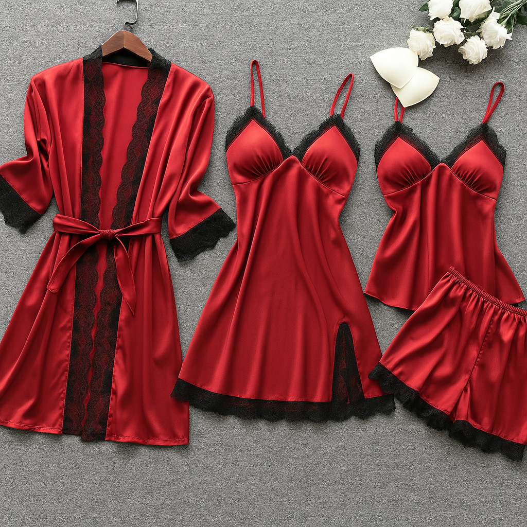 Ensemble Nuit 4 pièces Satin & Dentelle – Ton nouveau rituel du soir