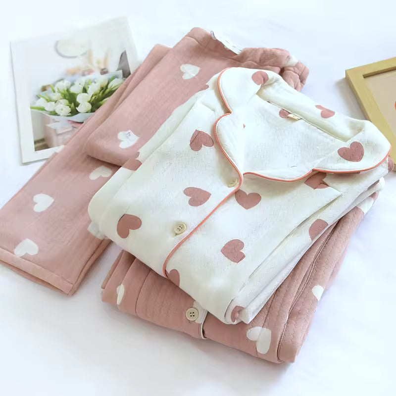 Pyjama Maternité en Coton Doux Imprimé Cœurs